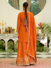 Orange Embroidered Straight Kurta Skirt With Dupatta Set