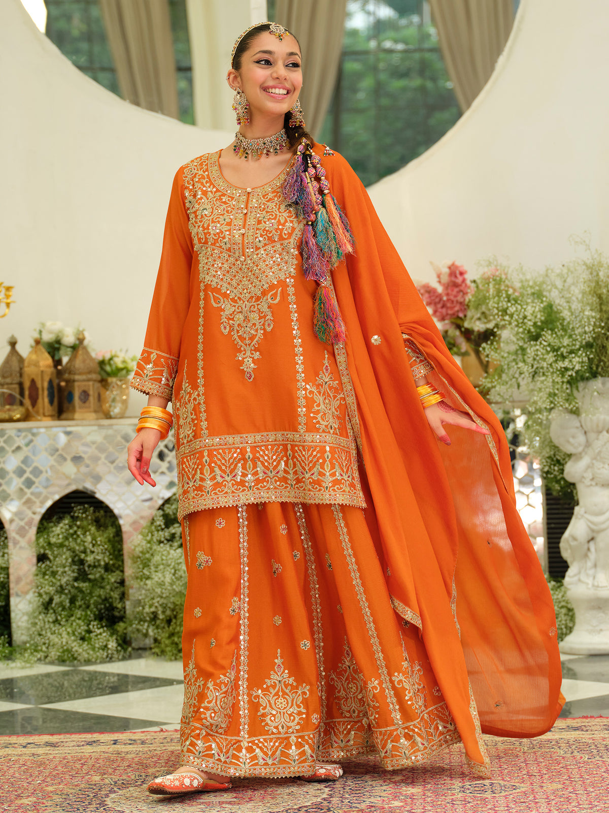 Orange Embroidered Straight Kurta Skirt With Dupatta Set