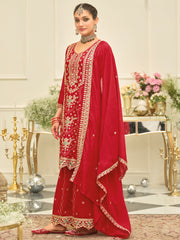 Red Embroidered Straight Kurta Palazzos With Dupatta Set