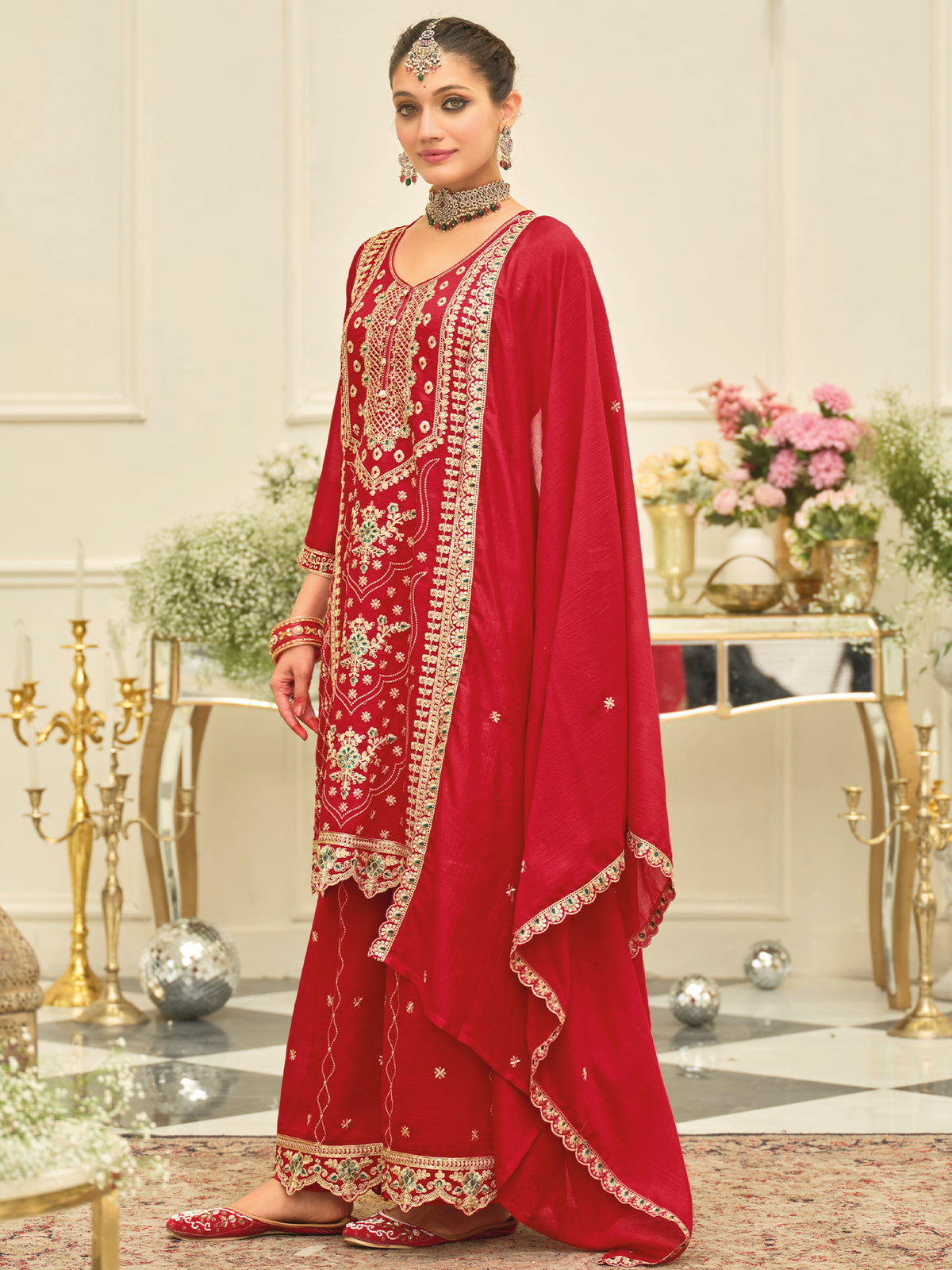 Red Embroidered Straight Kurta Palazzos With Dupatta Set