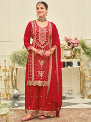Red Embroidered Straight Kurta Palazzos With Dupatta Set