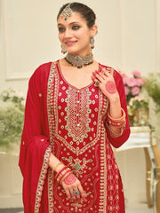Red Embroidered Straight Kurta Palazzos With Dupatta Set