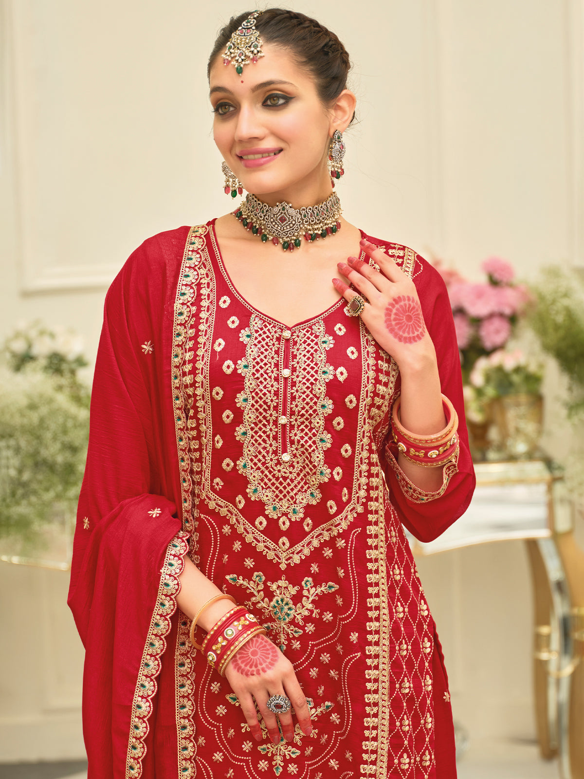 Red Embroidered Straight Kurta Palazzos With Dupatta Set