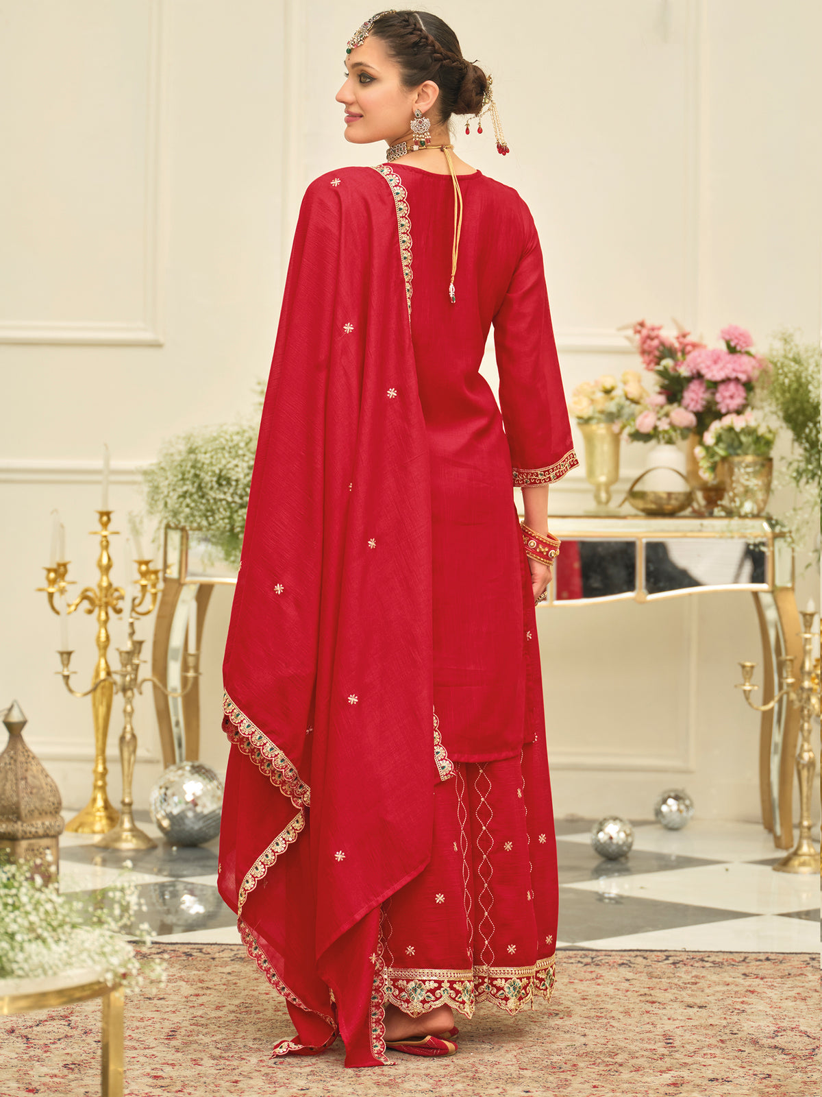 Red Embroidered Straight Kurta Palazzos With Dupatta Set