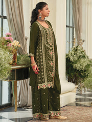 Green Embroidered Straight Kurta Palazzos With Dupatta Set