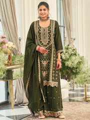Green Embroidered Straight Kurta Palazzos With Dupatta Set