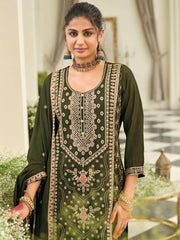 Green Embroidered Straight Kurta Palazzos With Dupatta Set