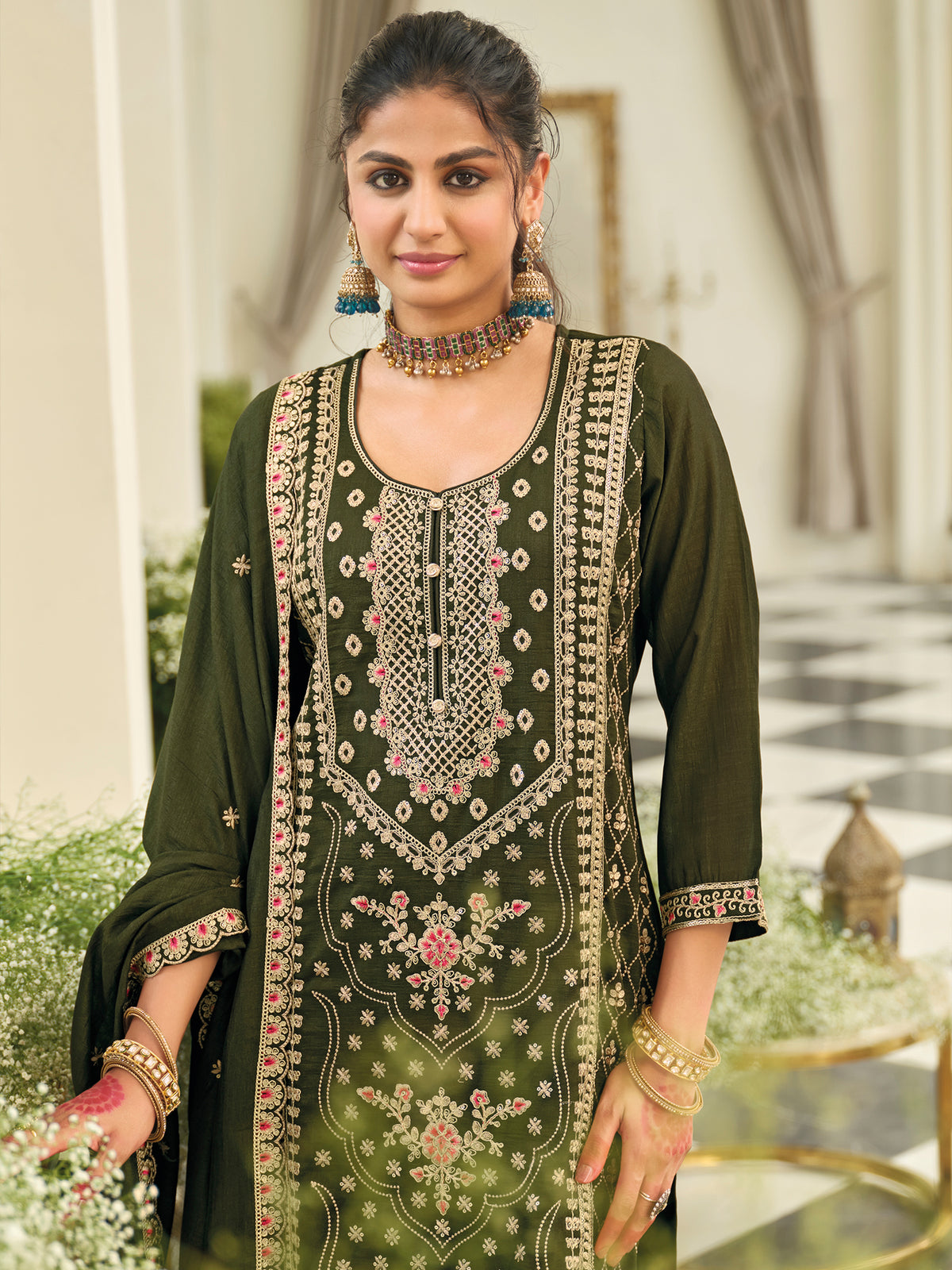 Green Embroidered Straight Kurta Palazzos With Dupatta Set