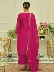 Pink Embroidered Straight Kurta Palazzos With Dupatta Set