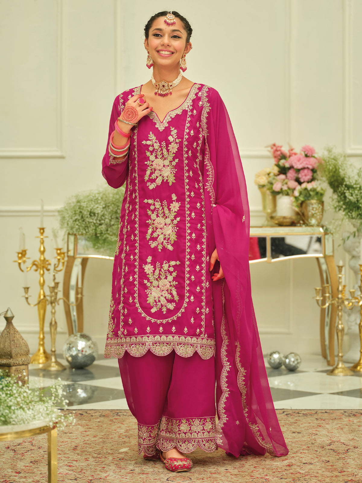 Pink Embroidered Straight Kurta Palazzos With Dupatta Set
