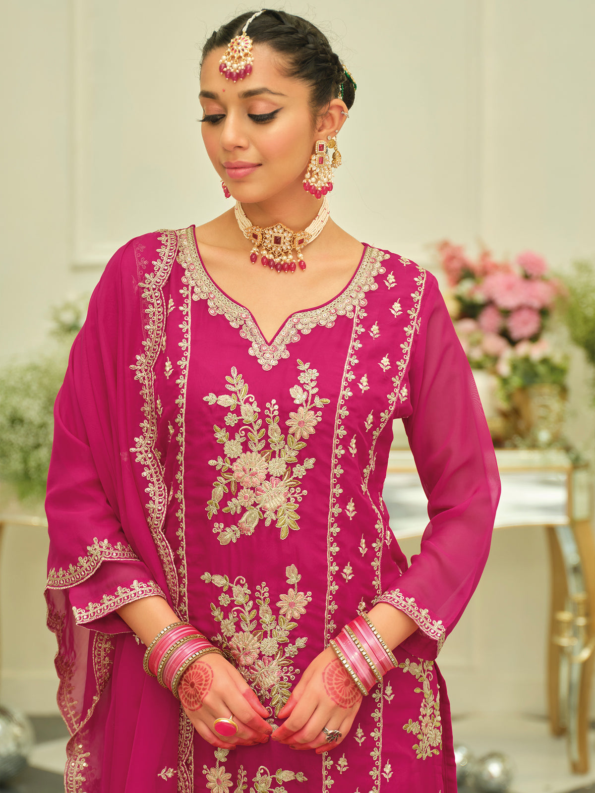 Pink Embroidered Straight Kurta Palazzos With Dupatta Set