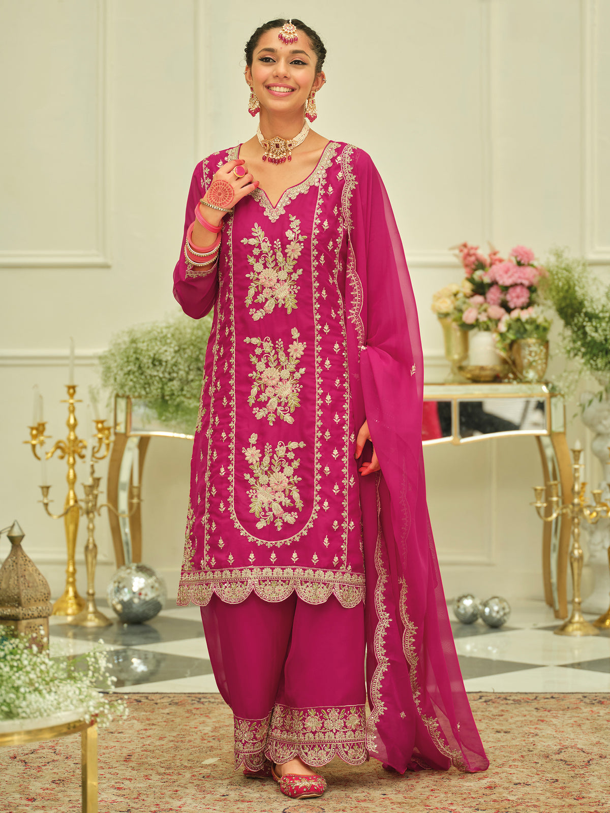 Pink Embroidered Straight Kurta Palazzos With Dupatta Set