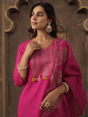 Pink Embroidered Straight Kurta Trousers With Dupatta Set