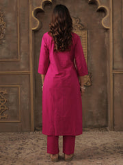 Pink Embroidered Straight Kurta Trousers With Dupatta Set