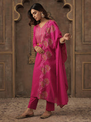 Pink Embroidered Straight Kurta Trousers With Dupatta Set