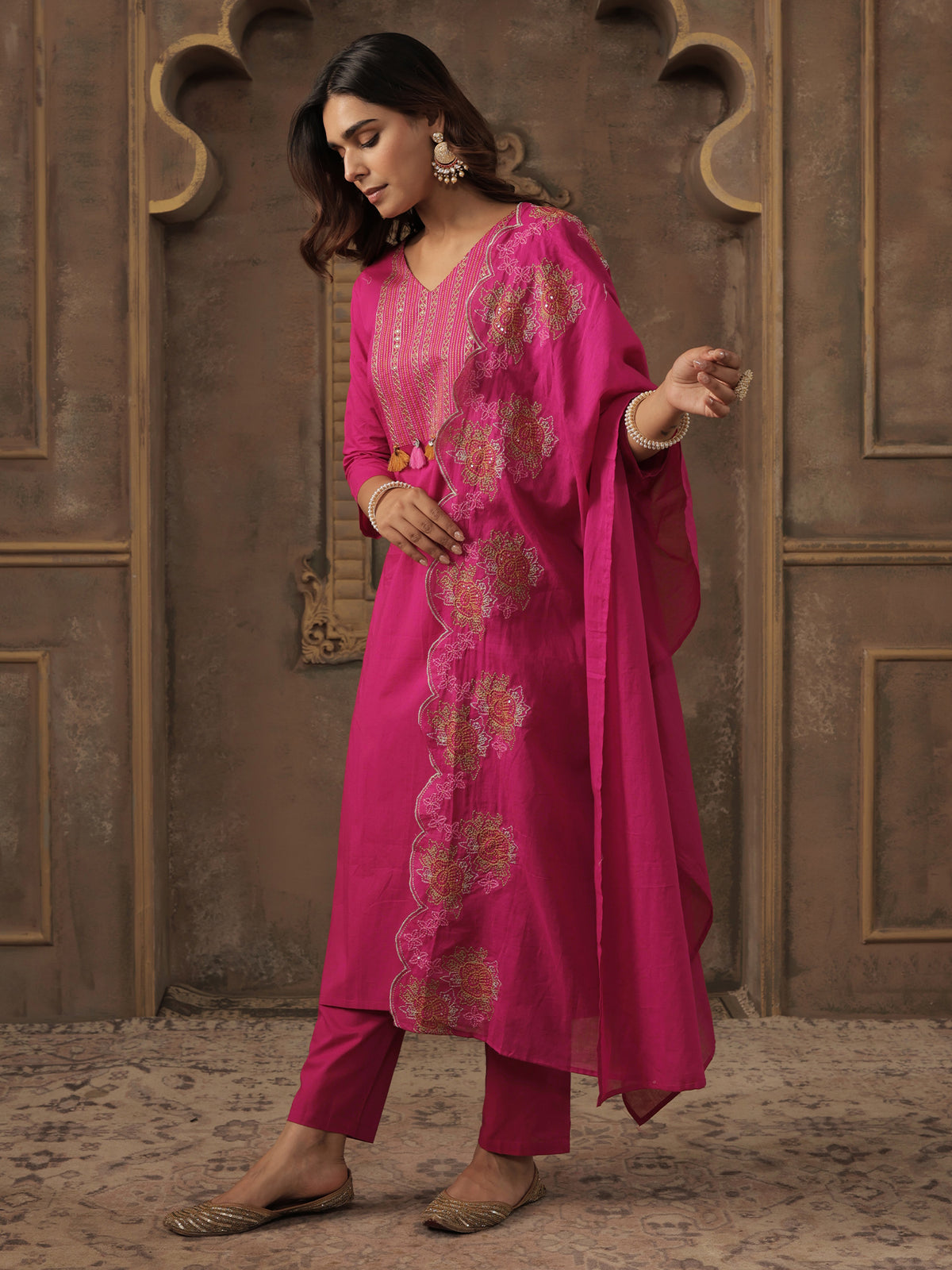 Pink Embroidered Straight Kurta Trousers With Dupatta Set