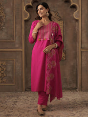 Pink Embroidered Straight Kurta Trousers With Dupatta Set