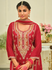 Red Embroidered Straight Kurta Palazzos With Dupatta Set