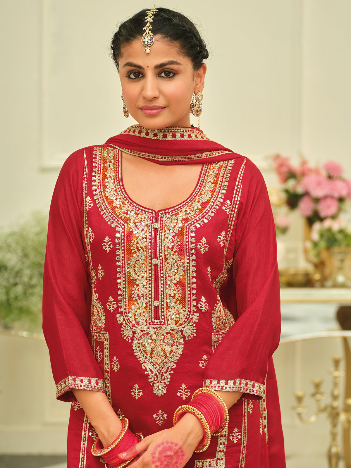 Red Embroidered Straight Kurta Palazzos With Dupatta Set