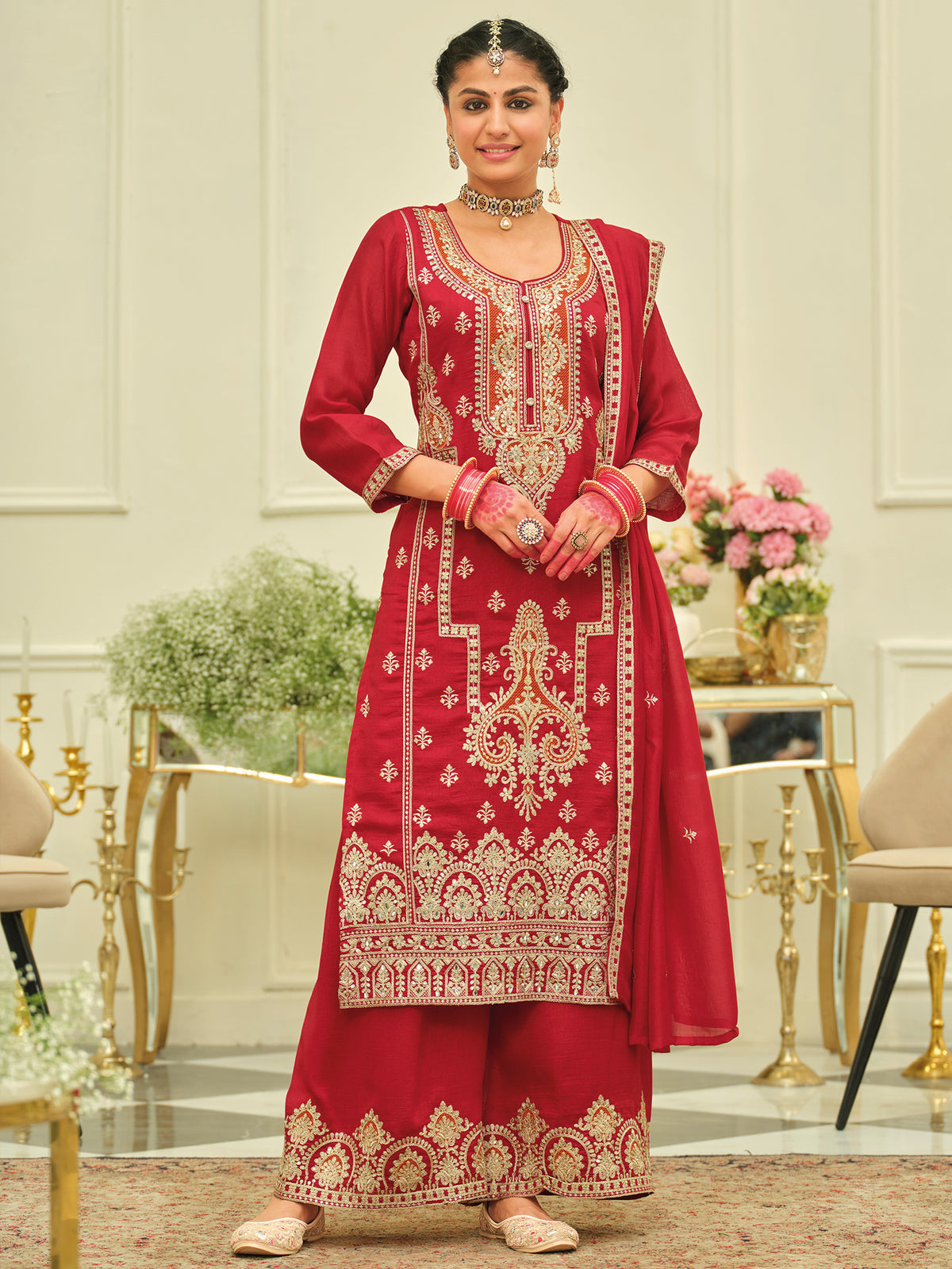 Red Embroidered Straight Kurta Palazzos With Dupatta Set