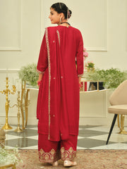 Red Embroidered Straight Kurta Palazzos With Dupatta Set