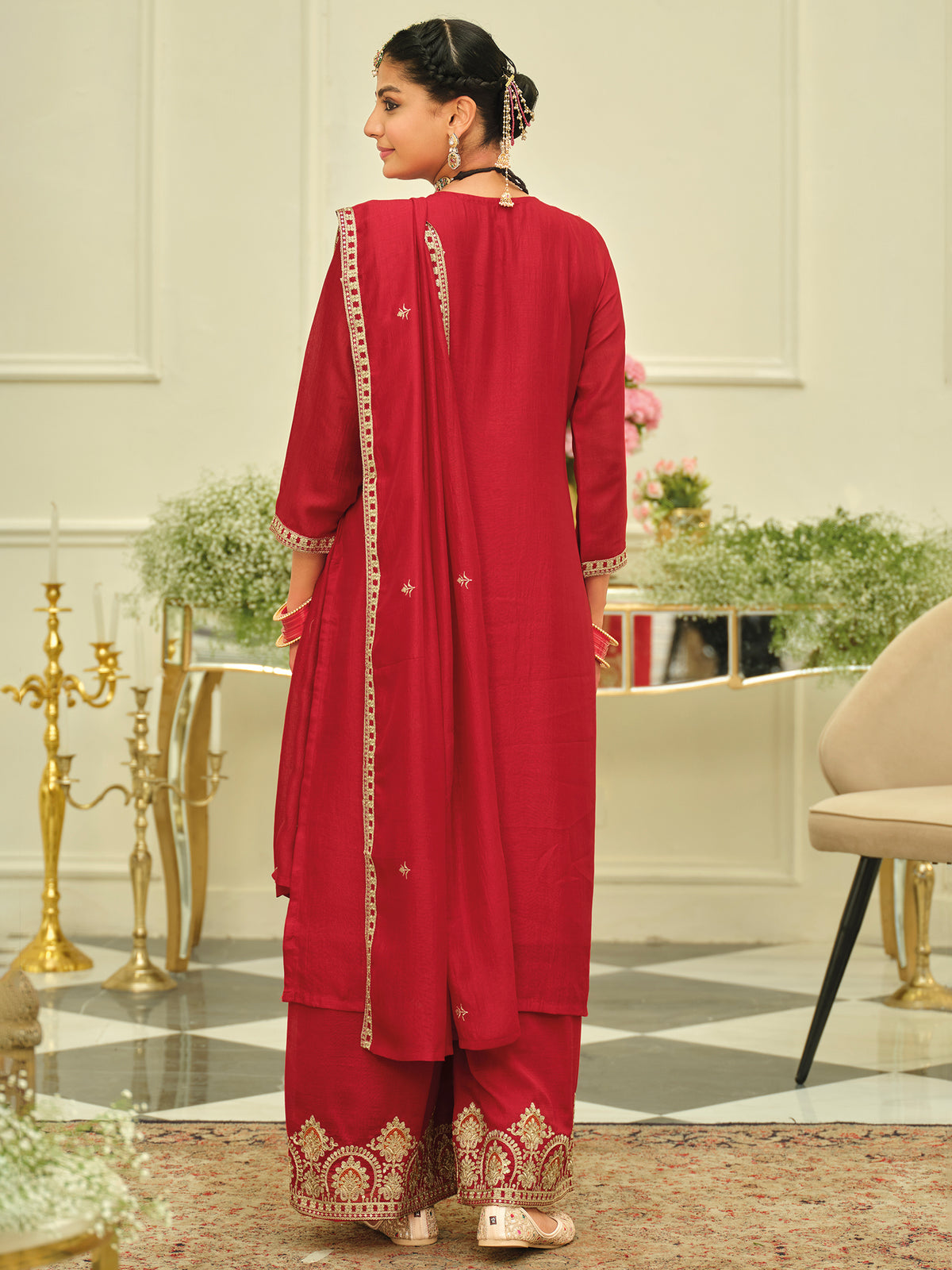 Red Embroidered Straight Kurta Palazzos With Dupatta Set