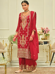 Red Embroidered Straight Kurta Palazzos With Dupatta Set