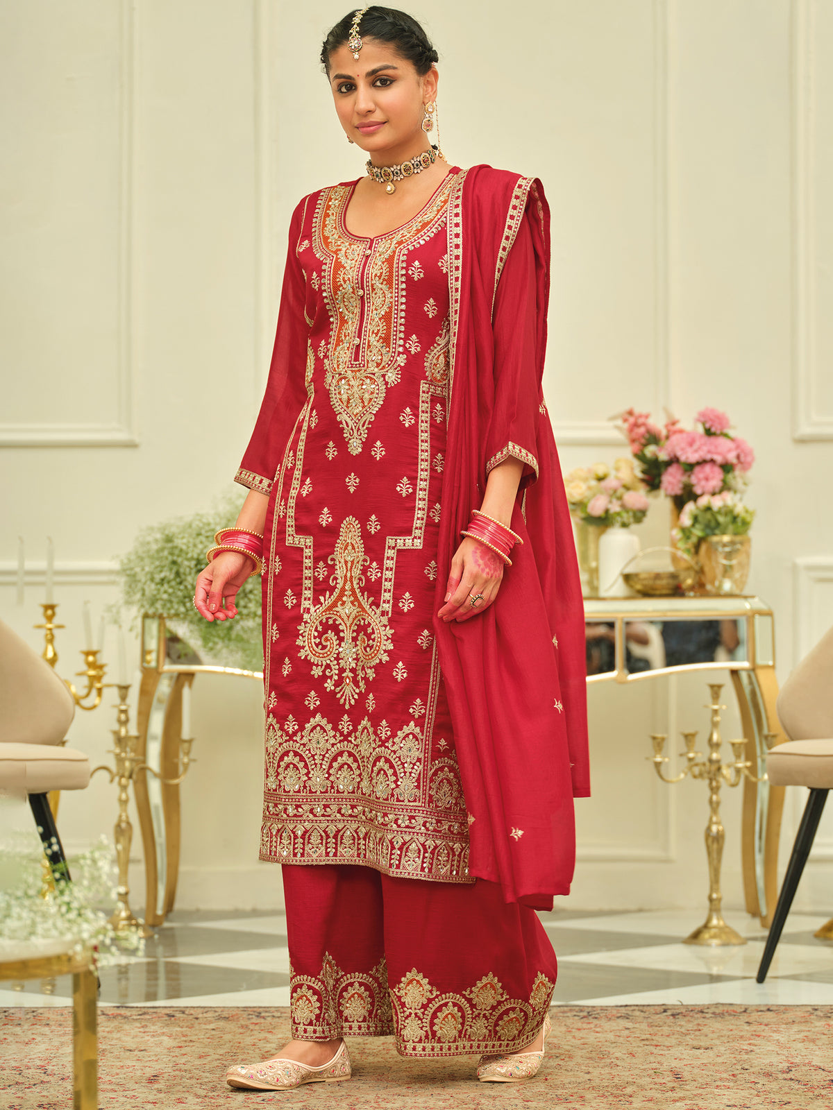 Red Embroidered Straight Kurta Palazzos With Dupatta Set