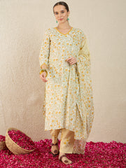 Off White Printed Straight Kurta Trousers With Dupatta Set