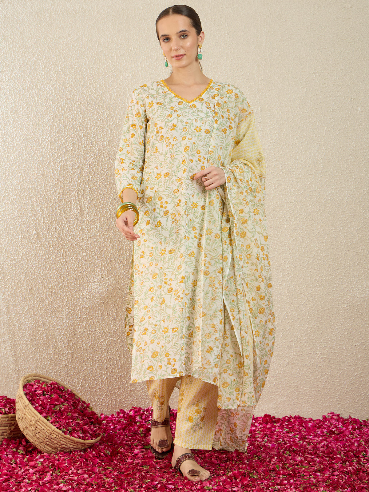 Off White Printed Straight Kurta Trousers With Dupatta Set