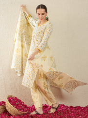 Off White Printed Straight Kurta Trousers With Dupatta Set