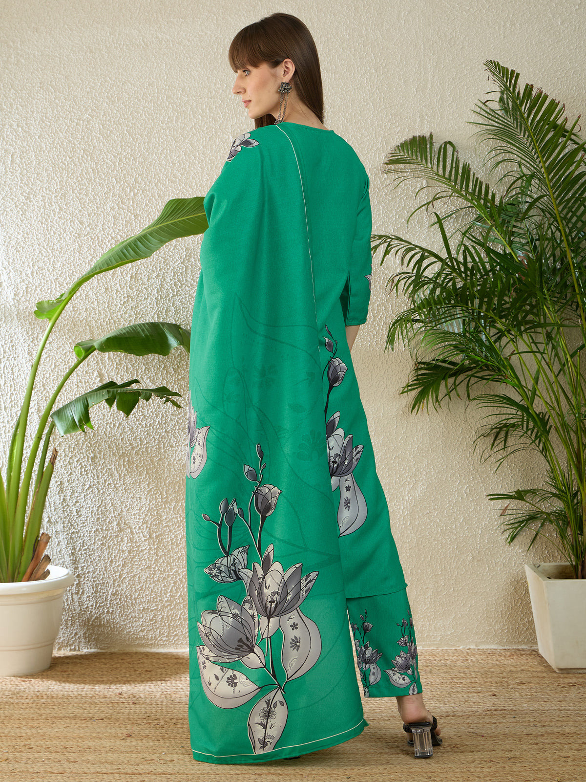 Sea Green Printed Straight Kurta Trousers With Dupatta Set