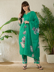 Sea Green Printed Straight Kurta Trousers With Dupatta Set