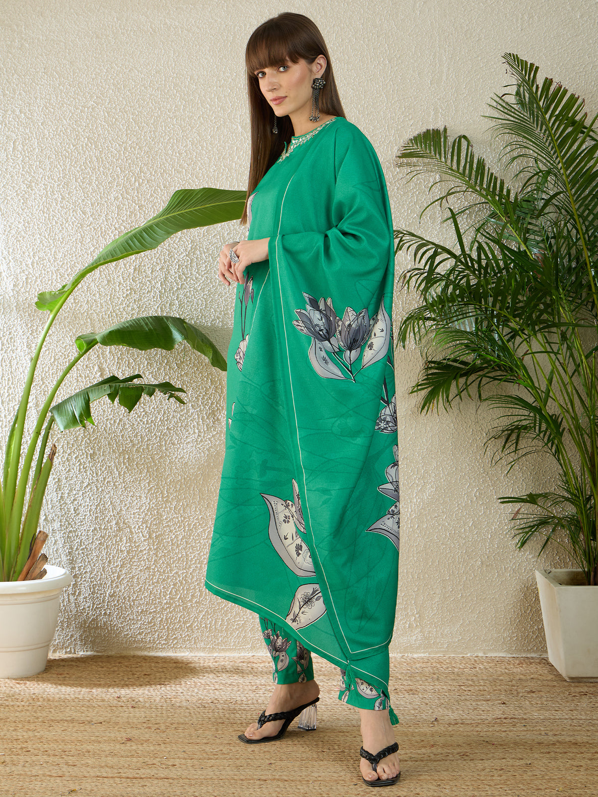 Sea Green Printed Straight Kurta Trousers With Dupatta Set