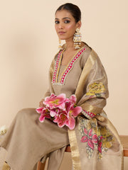 Beige Embroidered Straight Kurta Trousers With Dupatta Set