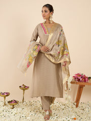 Beige Embroidered Straight Kurta Trousers With Dupatta Set