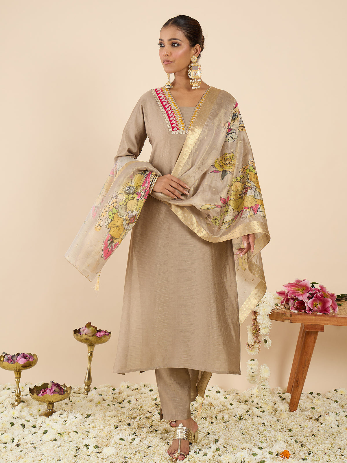 Beige Embroidered Straight Kurta Trousers With Dupatta Set