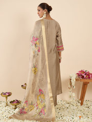 Beige Embroidered Straight Kurta Trousers With Dupatta Set