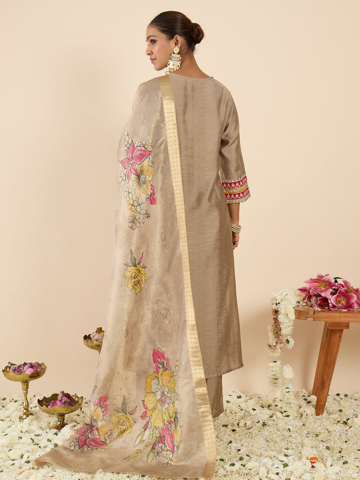 Beige Embroidered Straight Kurta Trousers With Dupatta Set