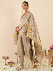 Beige Embroidered Straight Kurta Trousers With Dupatta Set
