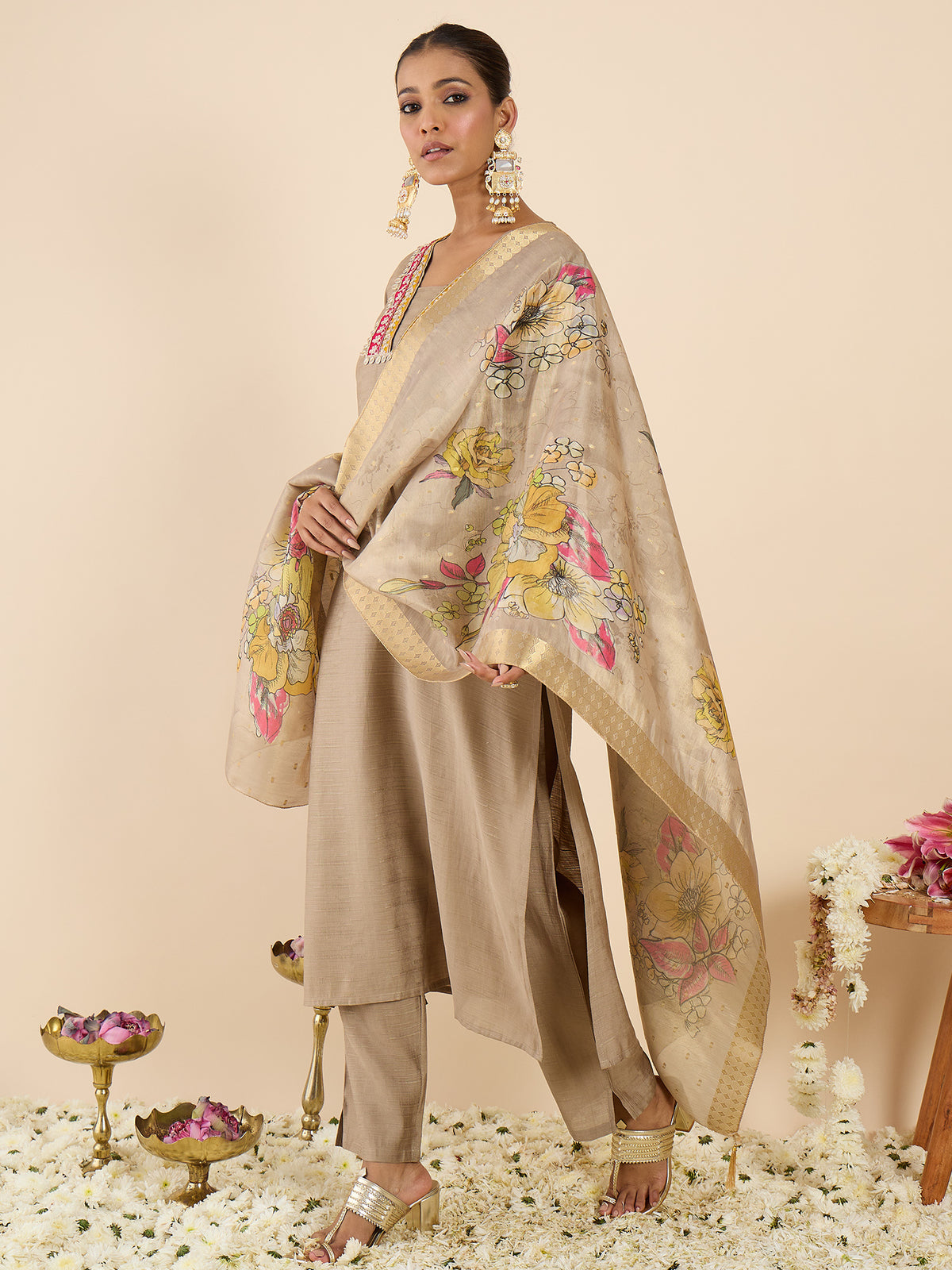 Beige Embroidered Straight Kurta Trousers With Dupatta Set