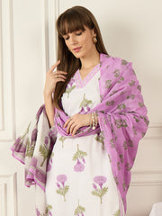 Off White Printed Straight Kurta Trousers With Dupatta Set