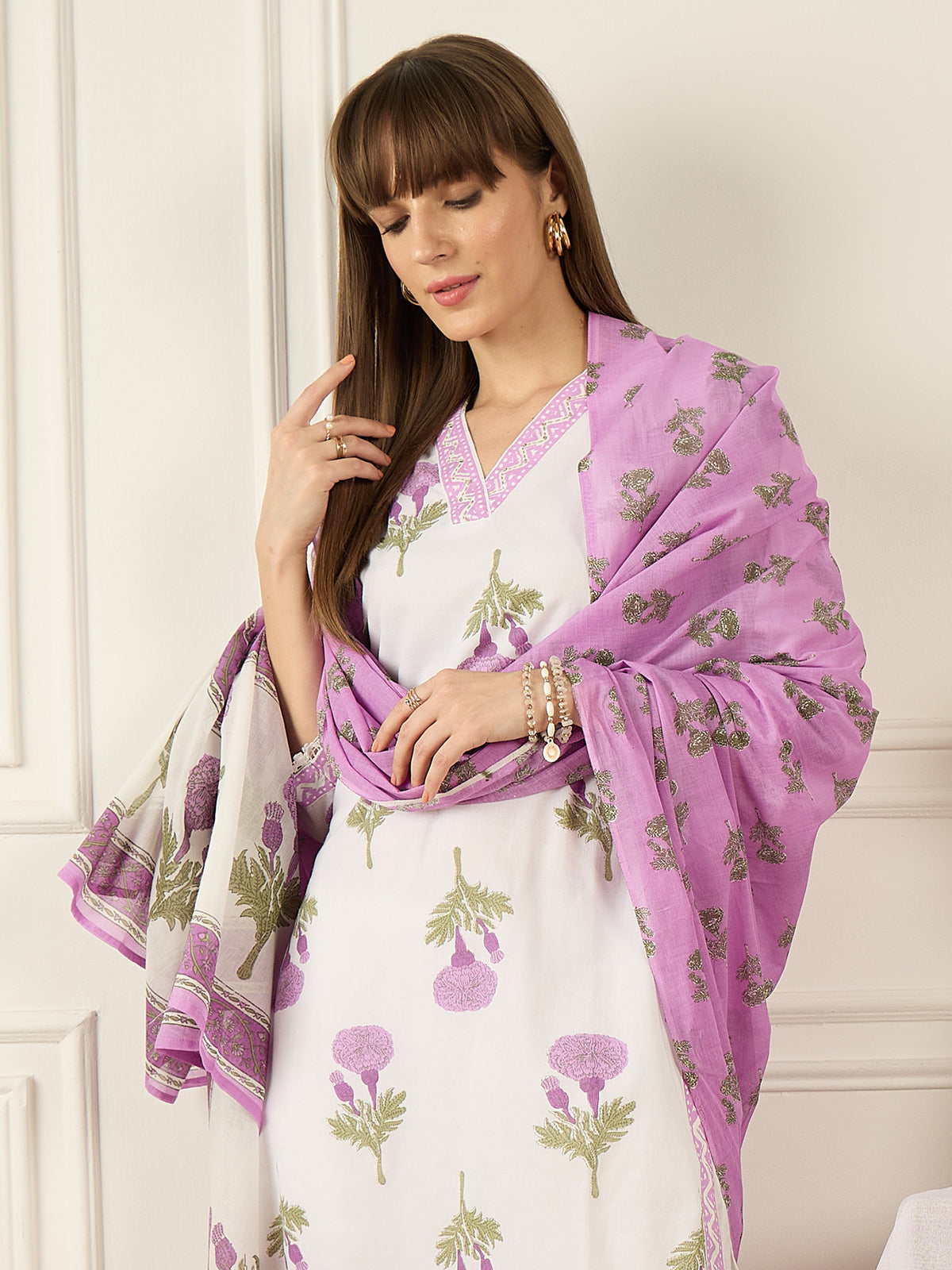 Off White Printed Straight Kurta Trousers With Dupatta Set