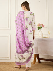 Off White Printed Straight Kurta Trousers With Dupatta Set