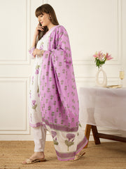 Off White Printed Straight Kurta Trousers With Dupatta Set