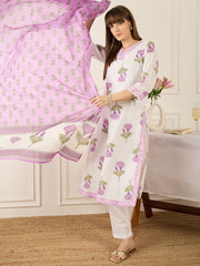 Off White Printed Straight Kurta Trousers With Dupatta Set