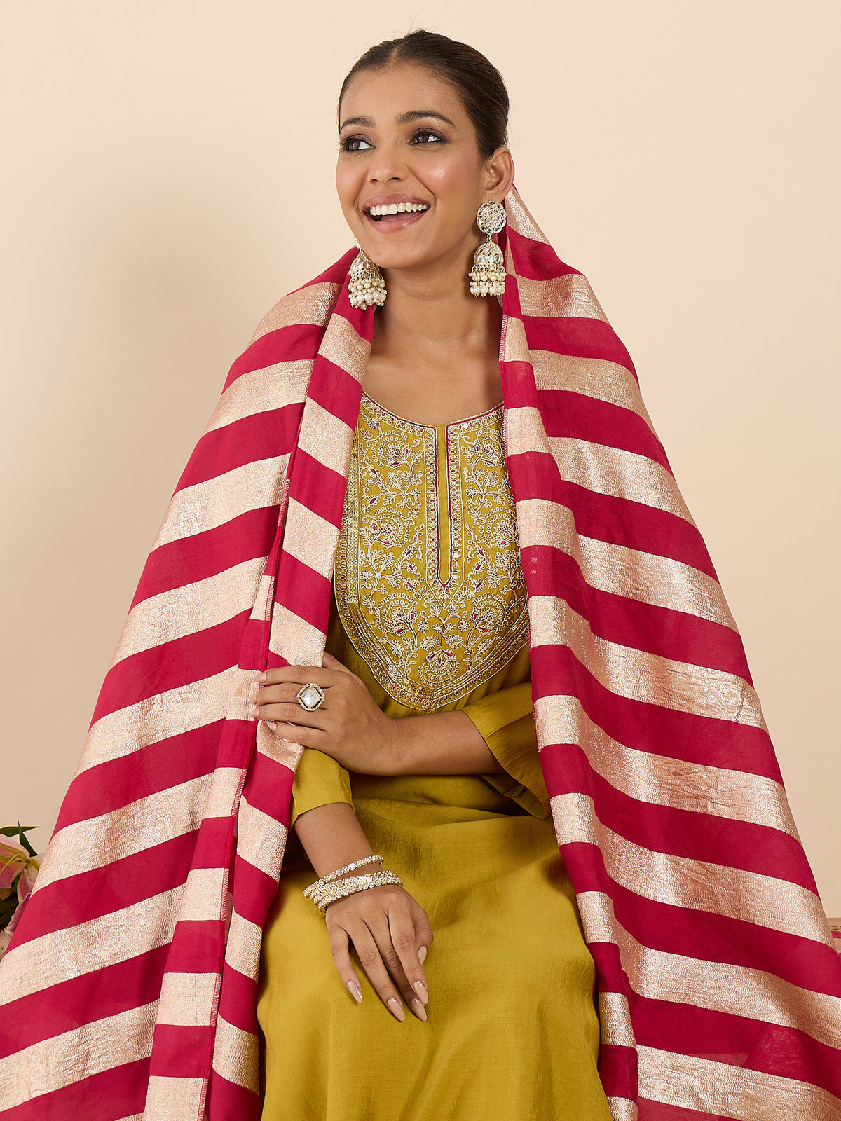 Yellow Embroidered Straight Kurta Trousers With Dupatta Set