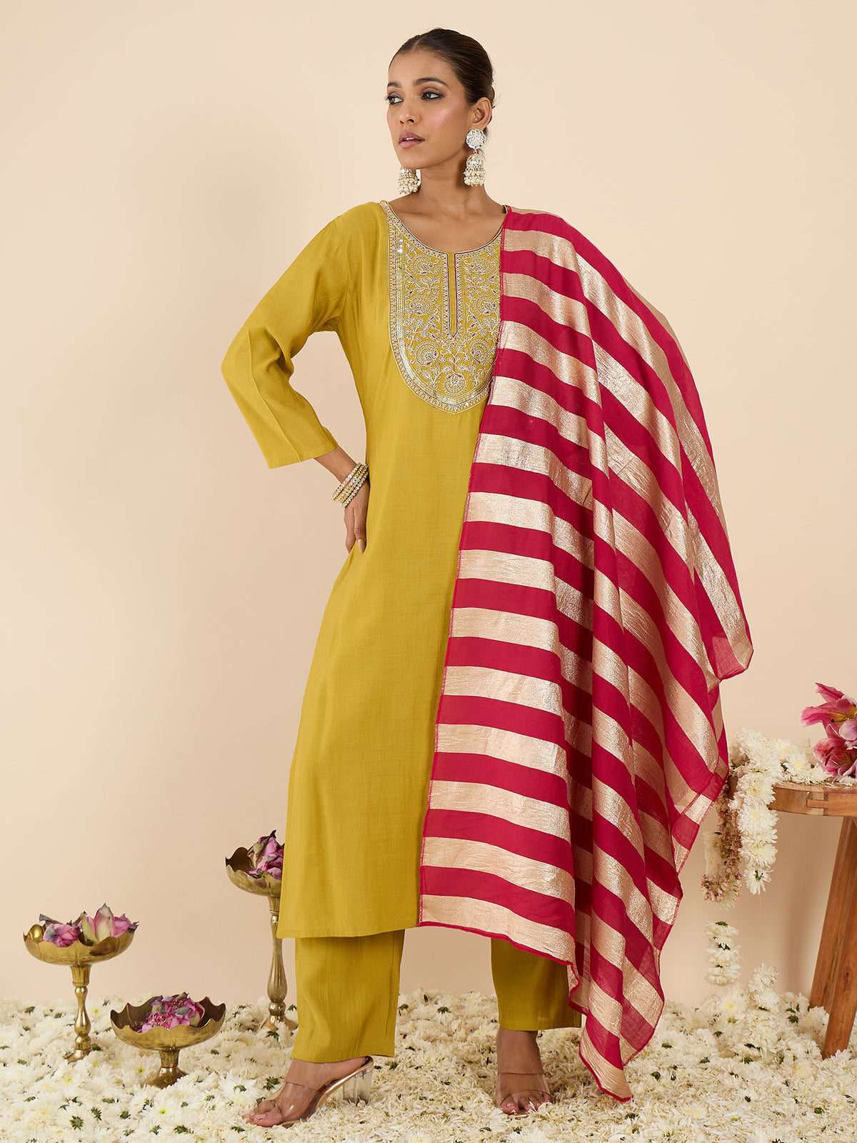 Yellow Embroidered Straight Kurta Trousers With Dupatta Set