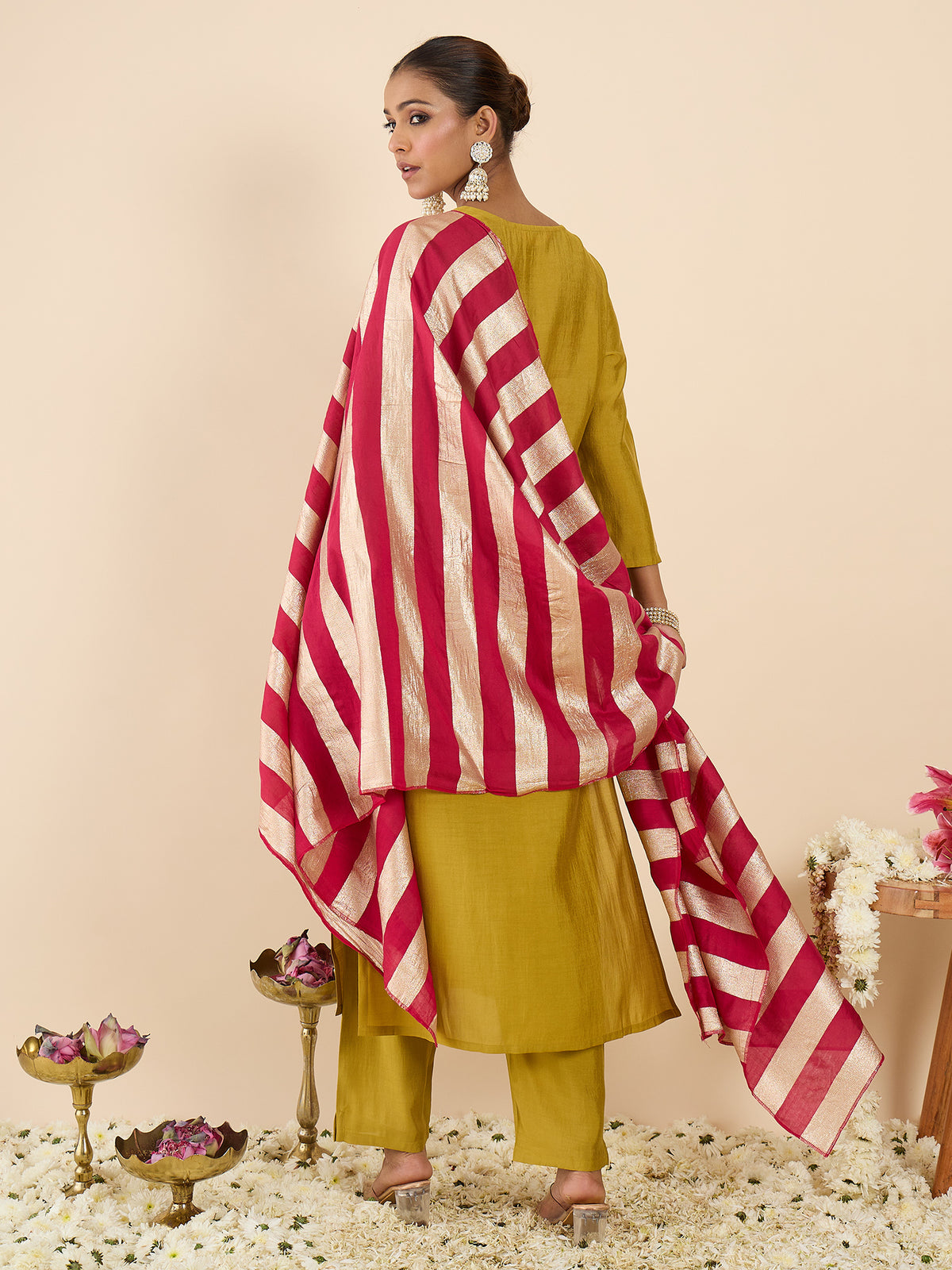Yellow Embroidered Straight Kurta Trousers With Dupatta Set
