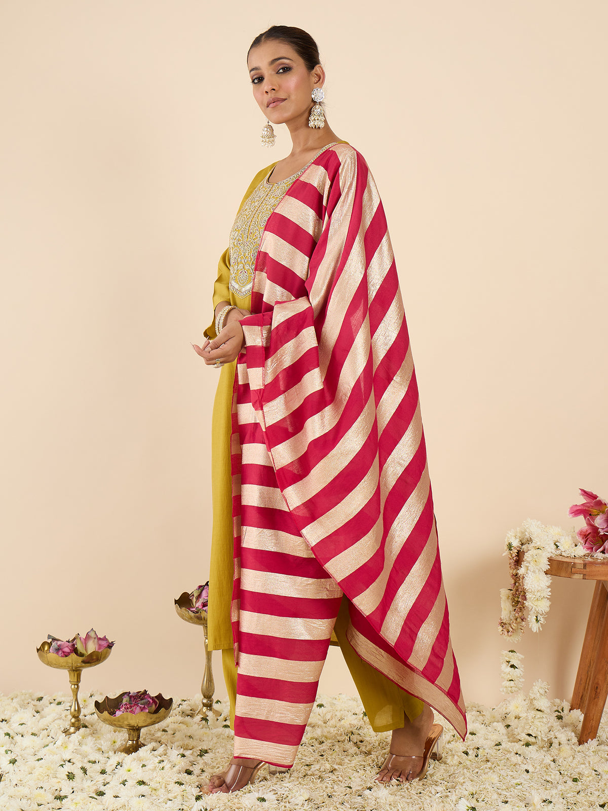 Yellow Embroidered Straight Kurta Trousers With Dupatta Set